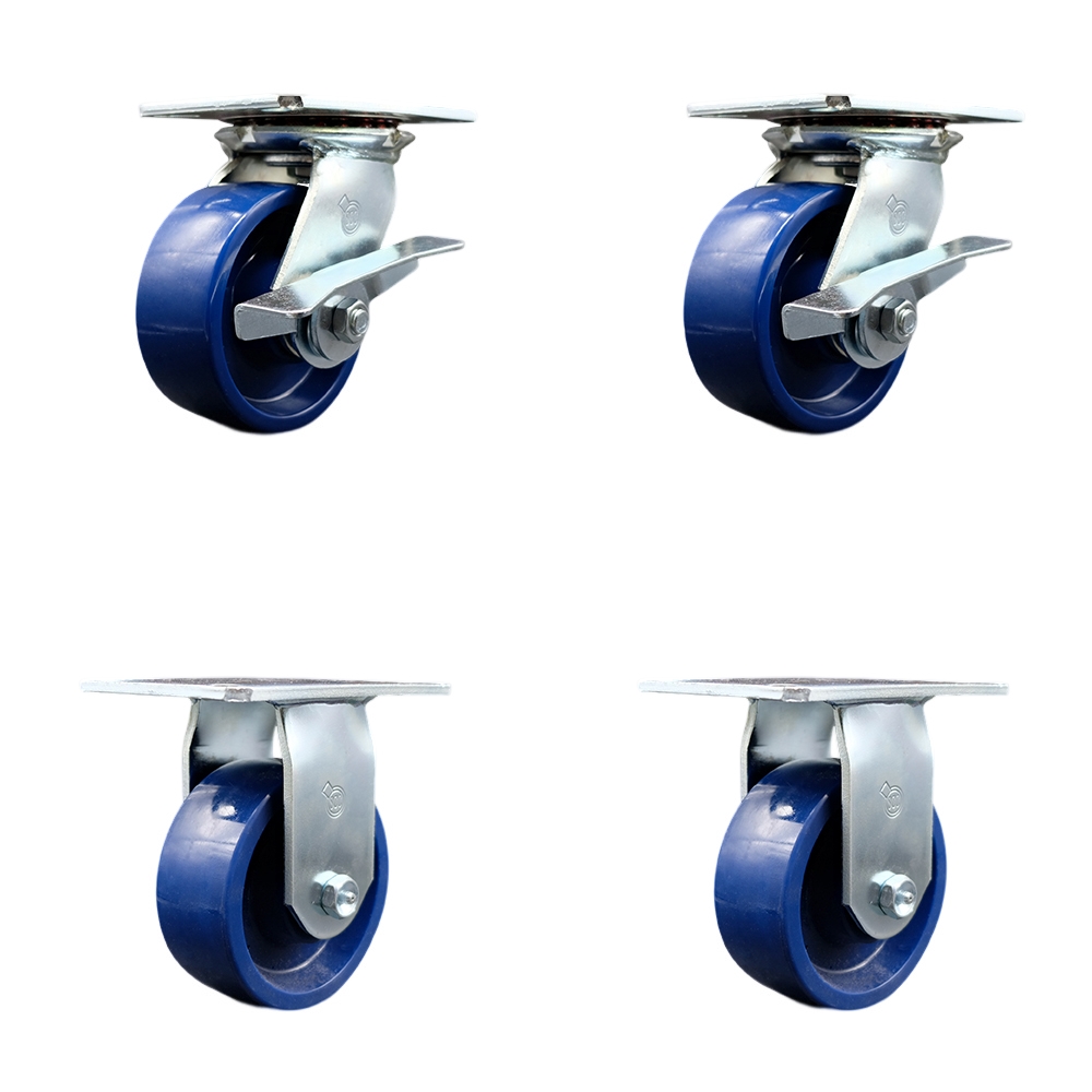 SCC-35S520-SPUR-SLB-2-R-2 Heavy Duty Large Top Plate Solid Polyurethane Swivel Caster with 5 x 2 in. Blue Wheels - 4000 lbs Total Capacity - Set of 4