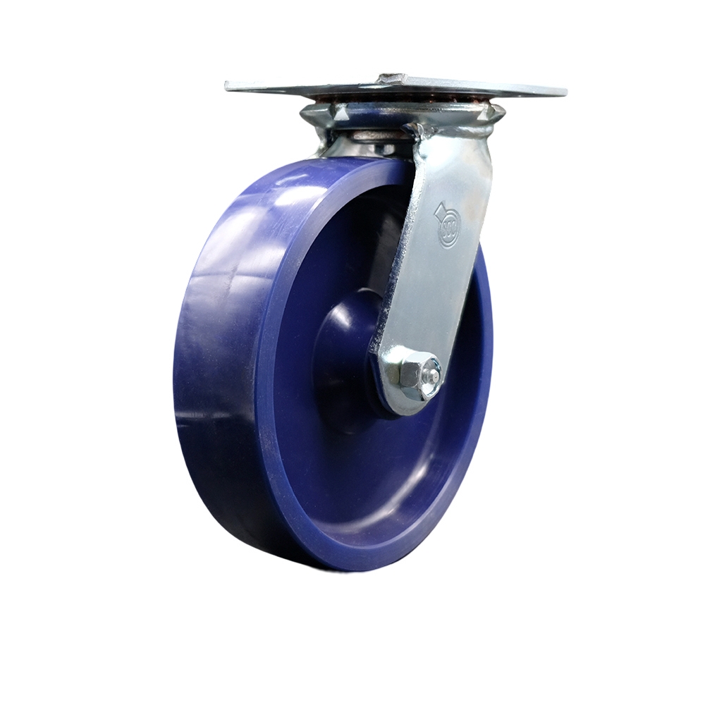 SCC-35S820-SPUR Heavy Duty Large Top Plate Solid Polyurethane Swivel Caster with 8 x 2 in. Blue Wheel - 1200 lbs Capacity per Caster
