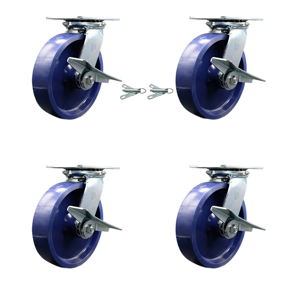 SCC-35S820-SPUR-SLB-BSL-2-SLB-2 Heavy Duty Large Top Plate Solid Polyurethane Swivel Caster with 8 x 2 in. Blue Wheels - 4800 lbs Capacity - Set of 4