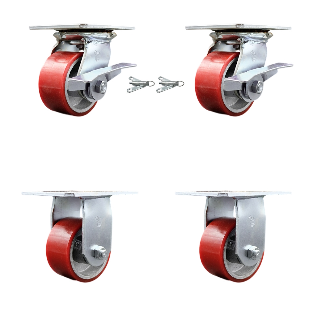Heavy Duty Large Top Plate Polyurethane on Cast Iron Swivel Caster with Maintenance Free Bearings with 4 x 2 in. Red Wheels - Set of 4