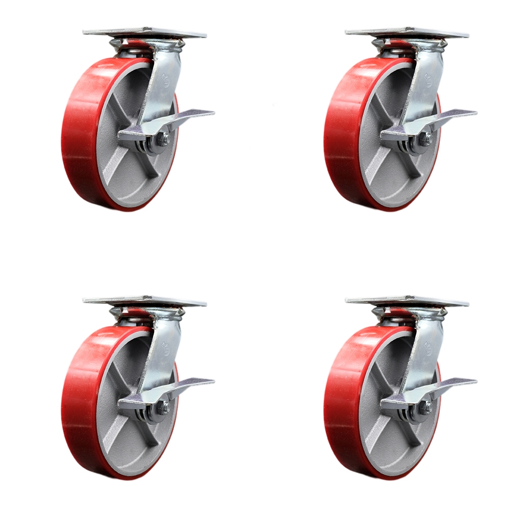 Heavy Duty Large Top Plate Polyurethane on Cast Iron Swivel Caster with Maintenance Free Bearings with 8 x 2 in. Red Wheels - Set of 4