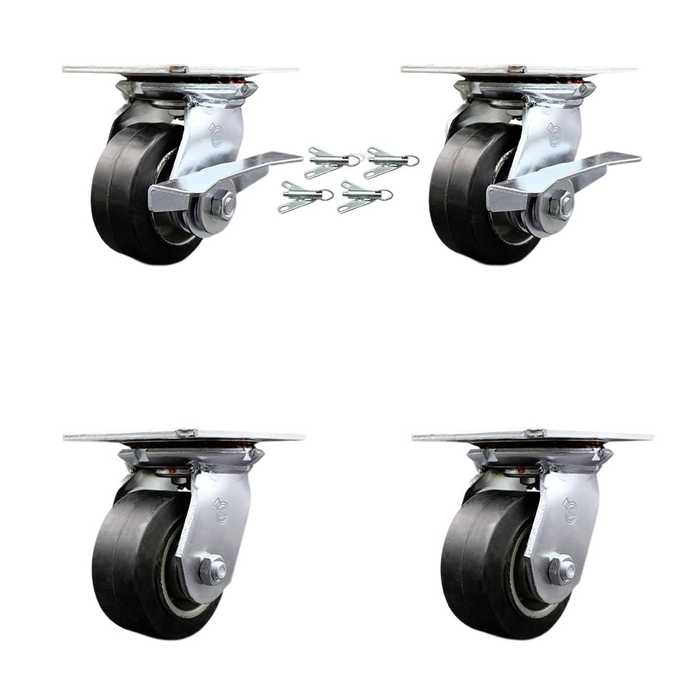 Heavy Duty Large Top Plate Rubber on Aluminum Swivel Caster with Maintenance Free Bearing with 4 x 2 in. Black Wheel - Set of 4