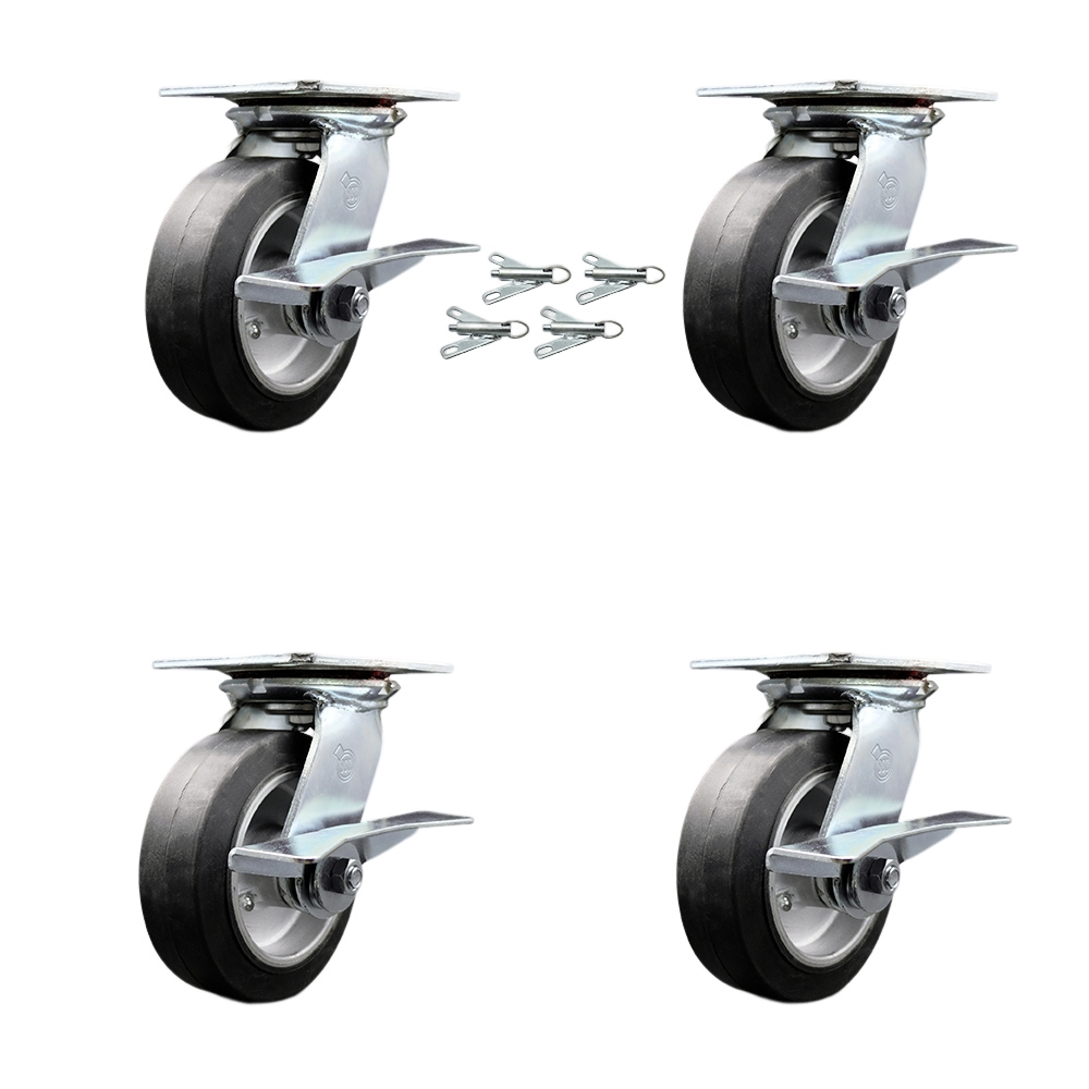 Heavy Duty Large Top Plate Rubber on Aluminum Swivel Caster with Maintenance Free Bearings with 6 x 2 in. Black Wheels - Set of 4