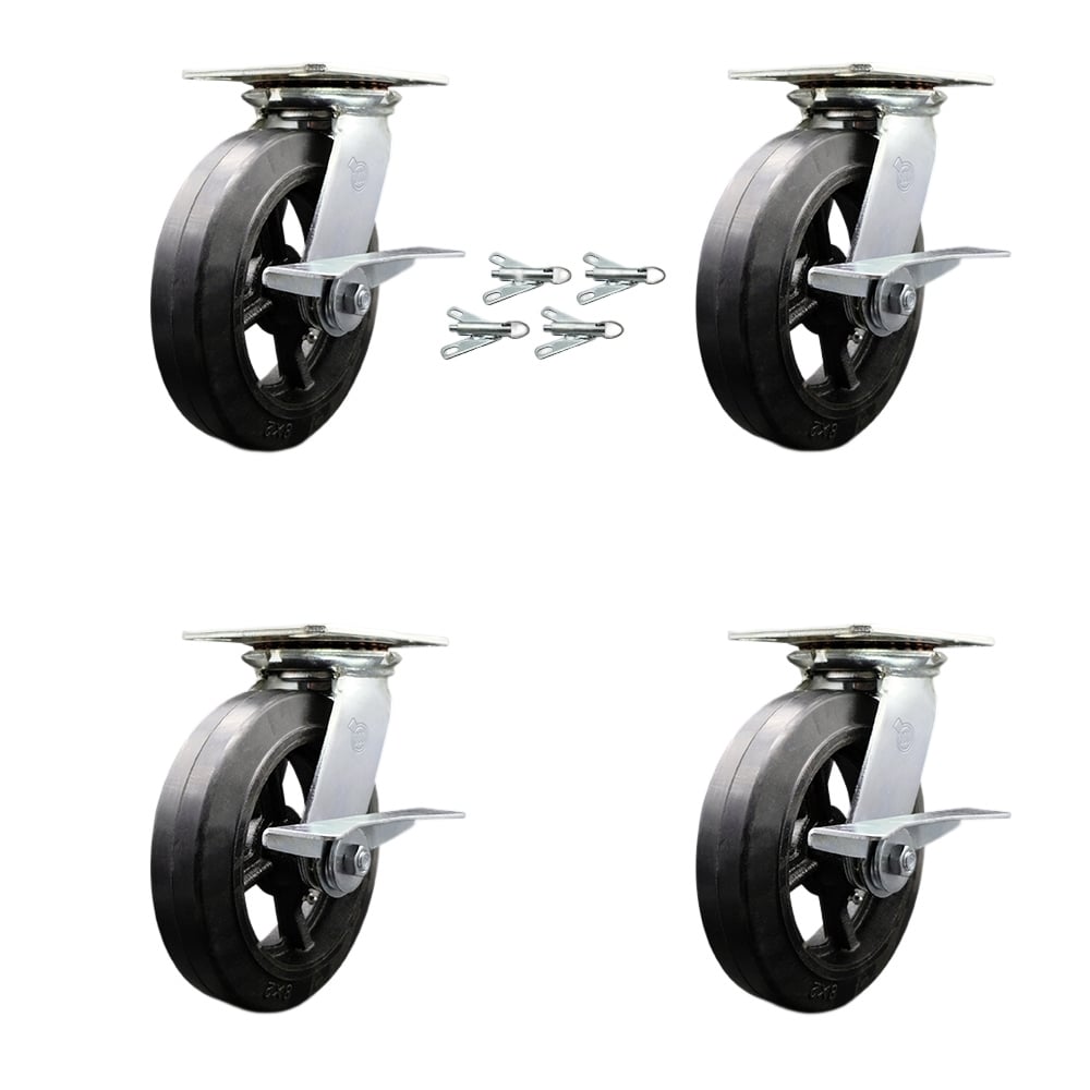 Heavy Duty Large Top Plate Rubber on Cast Iron Swivel Caster with Maintenance Free Bearings with 8 x 2 in. Black Wheels - Set of 4