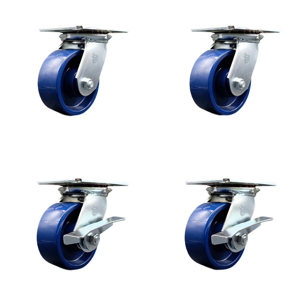Heavy Duty Large Top Plate Solid Polyurethane Swivel Caster with Maintenance Free Bearings with 5 x 2 in. Blue Wheels - 4000 lbs Capacity - Set of 4