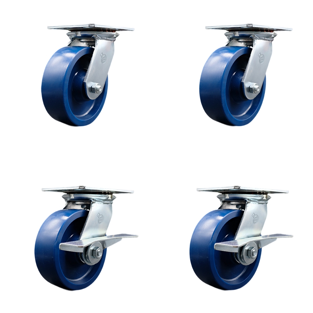 Heavy Duty Large Top Plate Solid Polyurethane Swivel Caster with Maintenance Free Bearings with 6 x 2 in. Blue Wheels - 4800 lbs Capacity - Set of 4