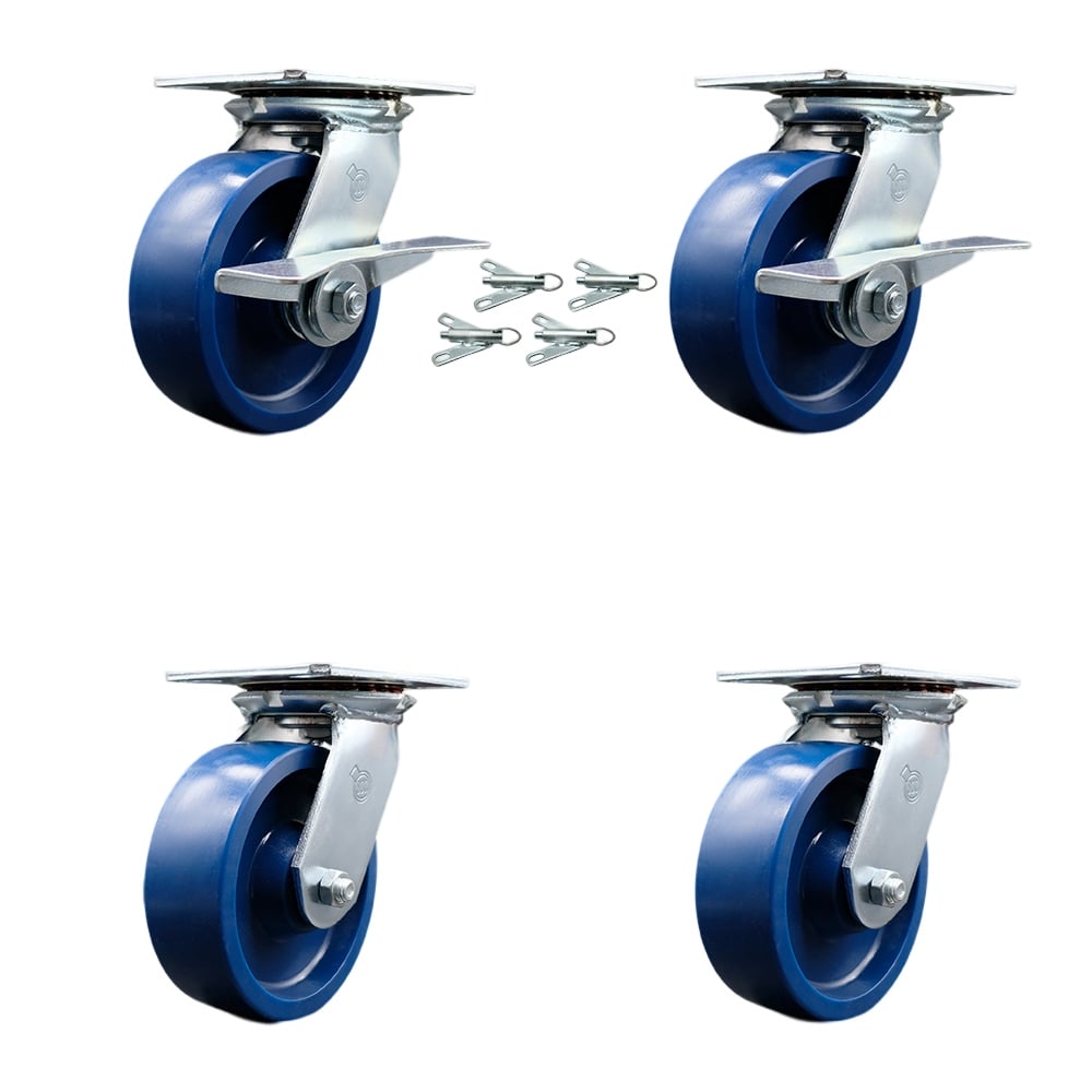 Heavy Duty Large Top Plate Solid Polyurethane Swivel Caster with Maintenance Free Bearings with 6 x 2 in. Blue Wheel - Set of 4