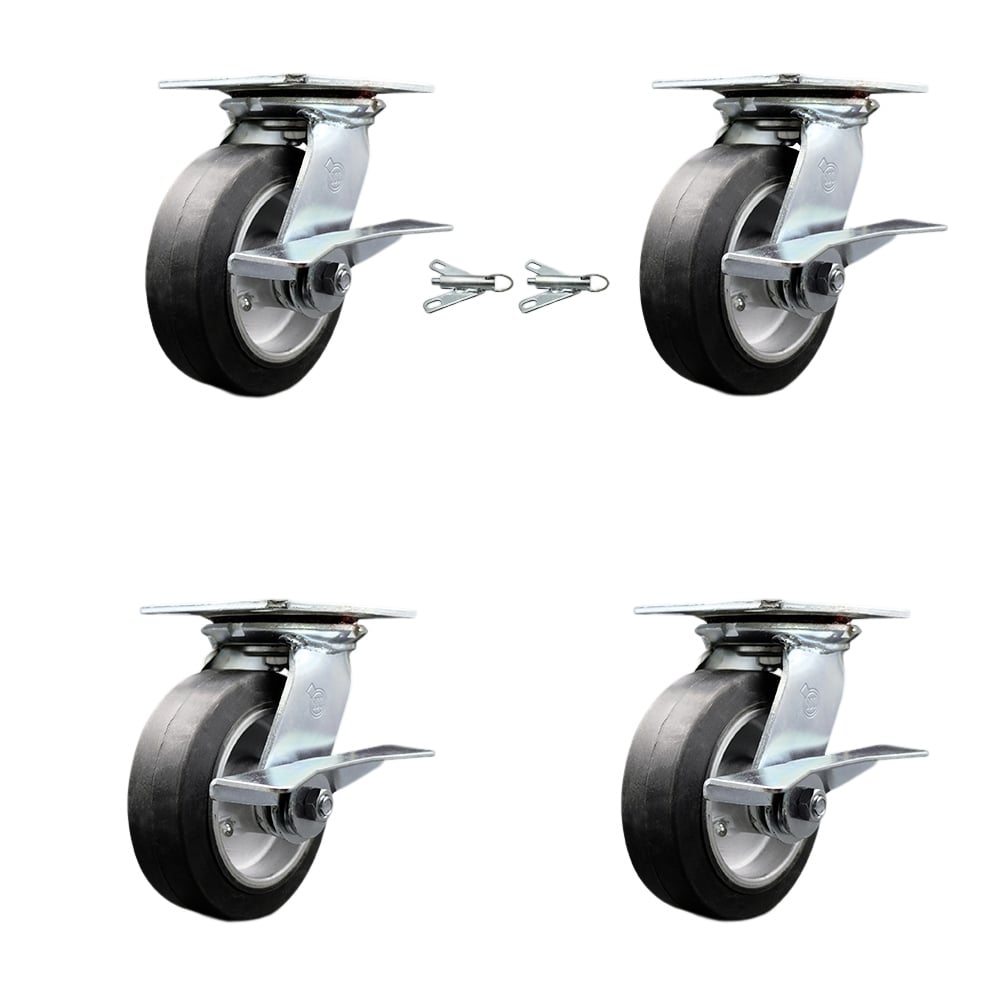 Heavy Duty Large Top Plate Rubber on Aluminum Swivel Caster with Maintenance Free Bearings with 6 x 2 in. Black Wheels - Set of 4