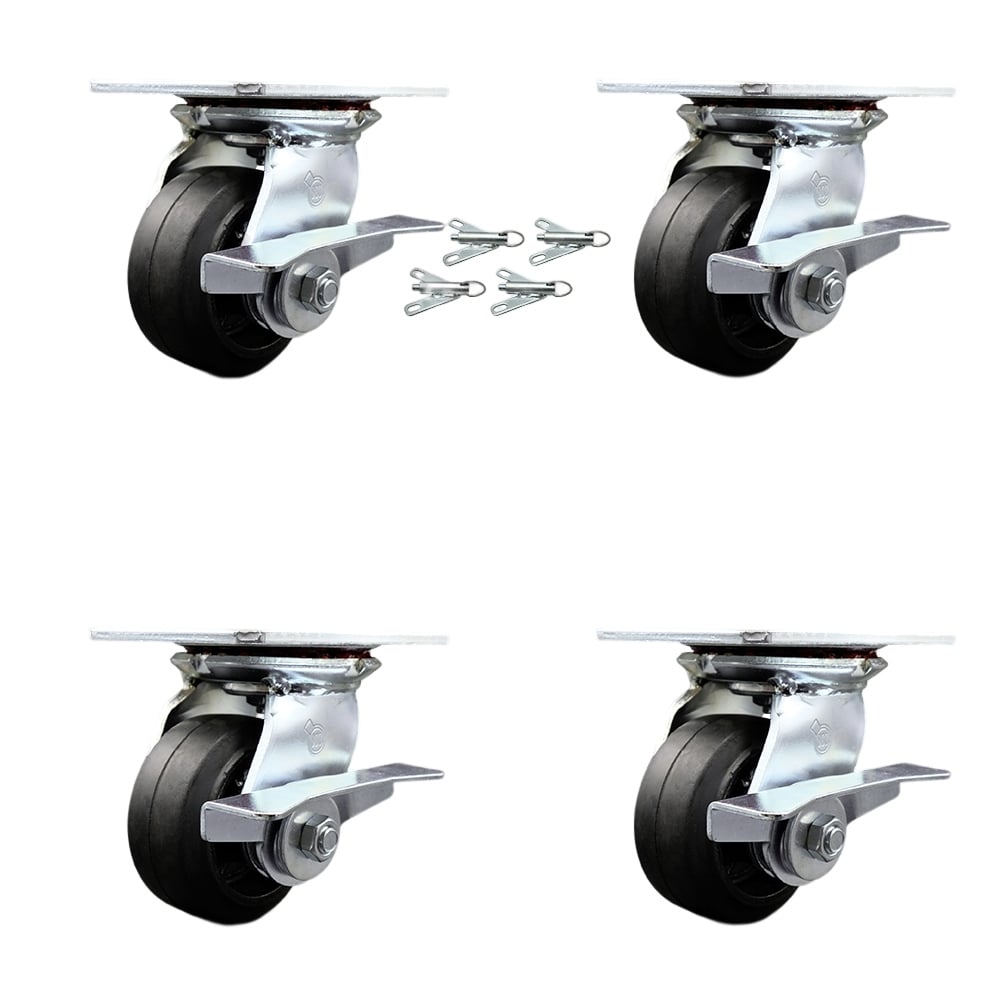 Heavy Duty Large Top Plate Rubber on Cast Iron Swivel Caster with Maintenance Free Bearings with 4 x 2 in. Black Wheels - Set of 4