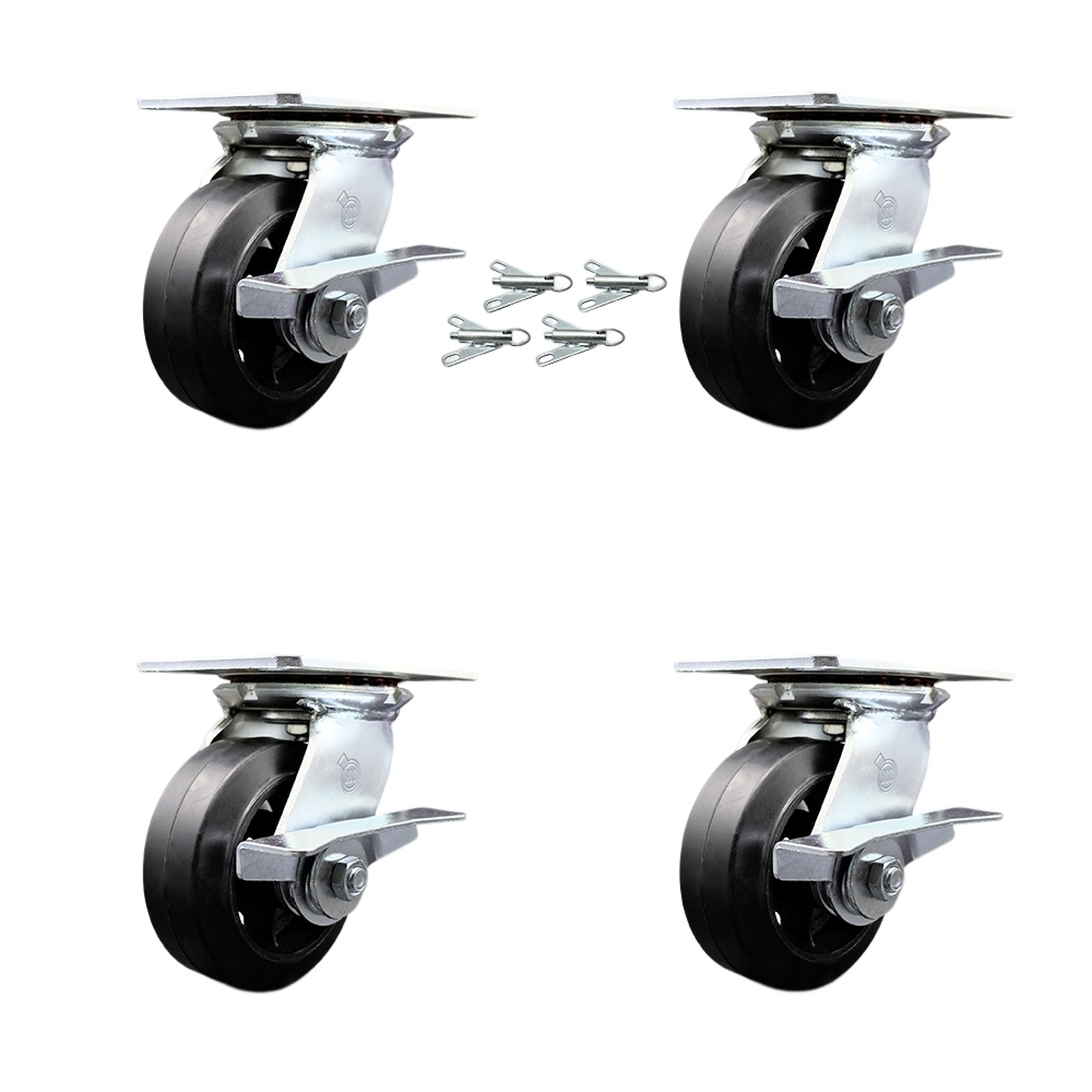 Heavy Duty Large Top Plate Rubber on Cast Iron Swivel Caster with Maintenance Free Bearings with 5 x 2 in. Black Wheels - Set of 4