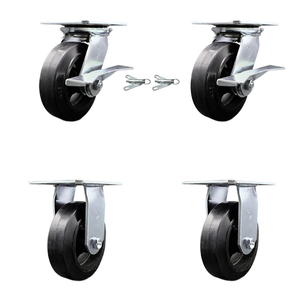 Heavy Duty Large Top Plate Rubber on Cast Iron Swivel Caster with Maintenance Free Bearings with 6 x 2 in. Black Wheels - Set of 4