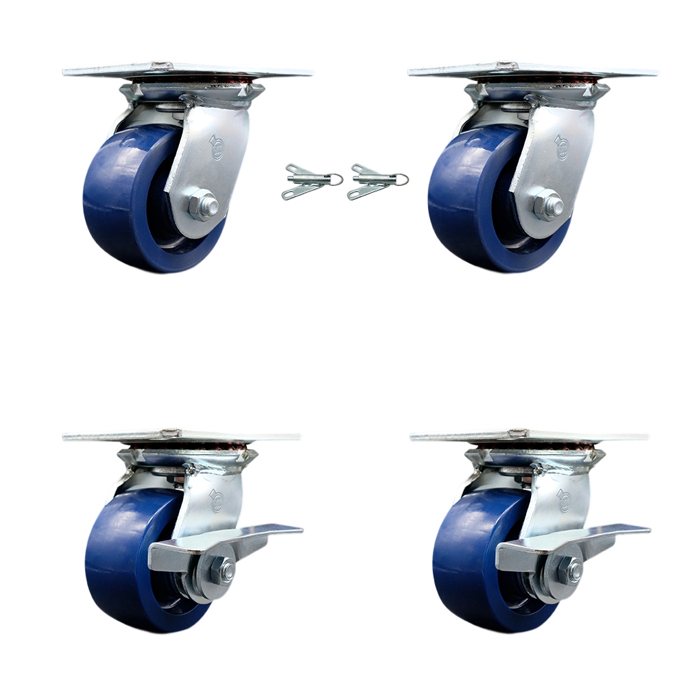 Heavy Duty Large Top Plate Solid Polyurethane Swivel Caster with Maintenance Free Bearings with 4 x 2 in. Blue Wheels - Set of 4