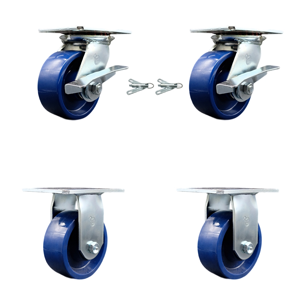 Heavy Duty Large Top Plate Solid Polyurethane Swivel Caster with Maintenance Free Bearings with 5 x 2 in. Blue Wheels - Set of 4