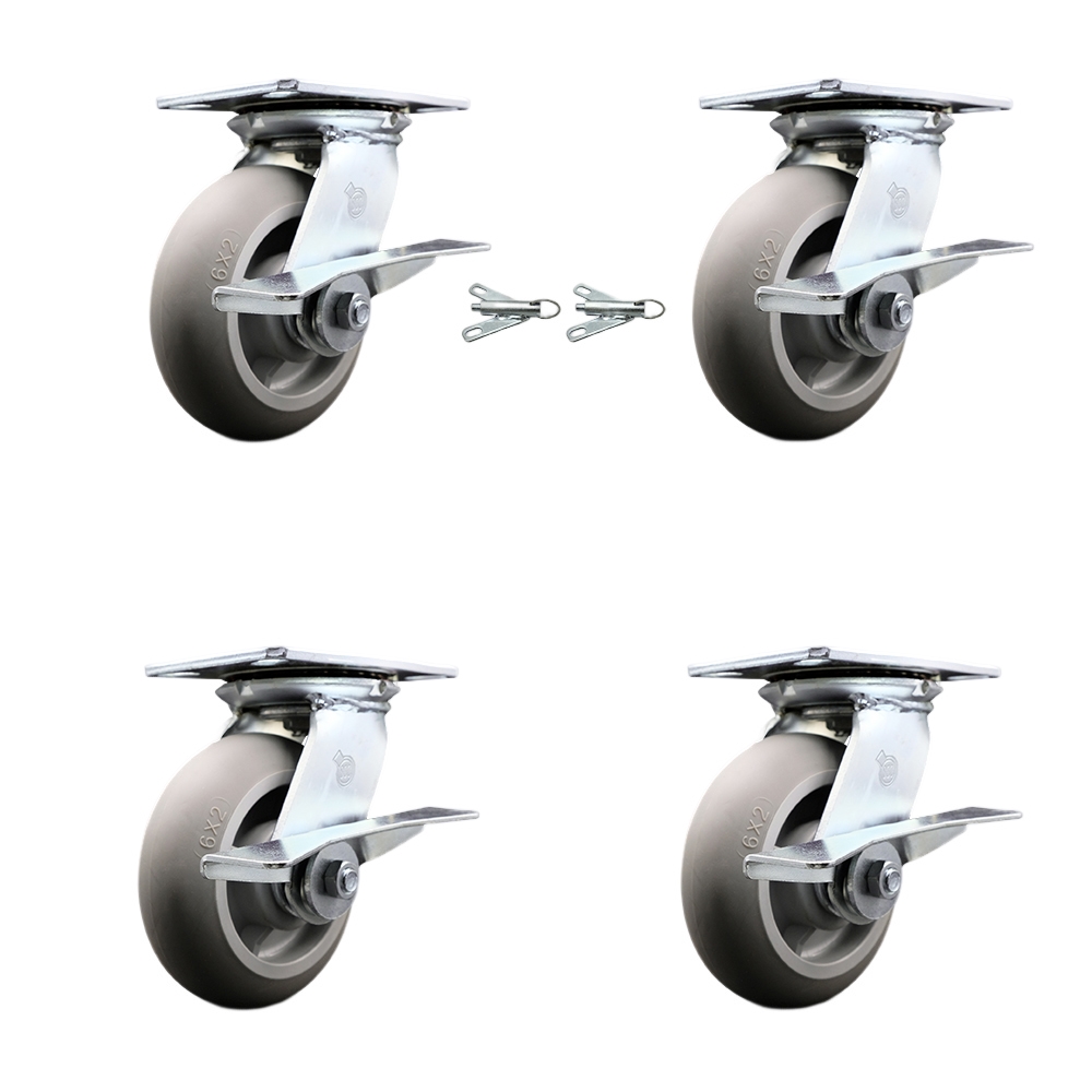 Heavy Duty Large Top Plate Thermo Rubber Donut Tread Swivel Caster with Maintenance Free Bearing with 6 x 2 in. Gray Wheel - Set of 4