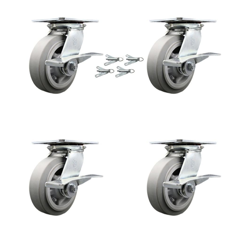 Heavy Duty Large Top Plate Thermo Rubber Flat Tread Swivel Caster with Maintenance Free Bearings with 6 x 2 in. Gray Wheels - Set of 4