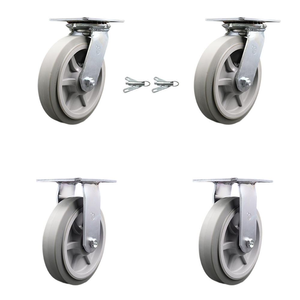 Heavy Duty Large Top Plate Thermo Rubber Flat Tread Swivel Caster with Maintenance Free Bearings with 8 x 2 in. Gray Wheels - Set of 4