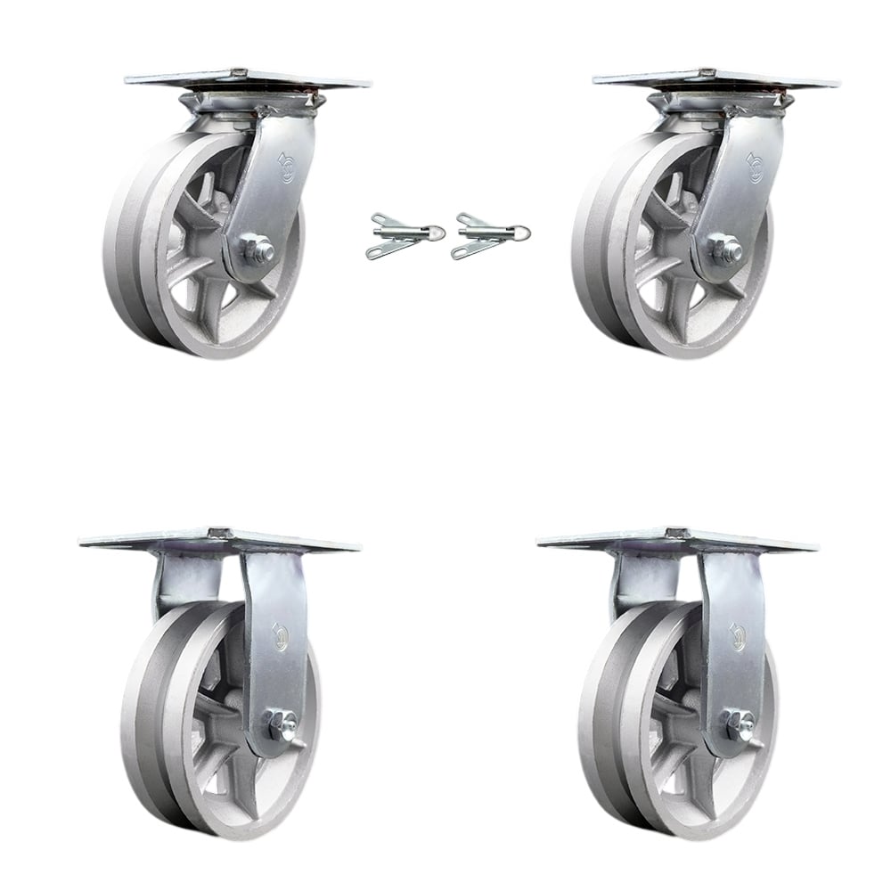 Heavy Duty Large Top Plate V Groove Semi Steel Swivel Caster with Maintenance Free Bearings with 6 x 2 in. Silver Wheels - Set of 4