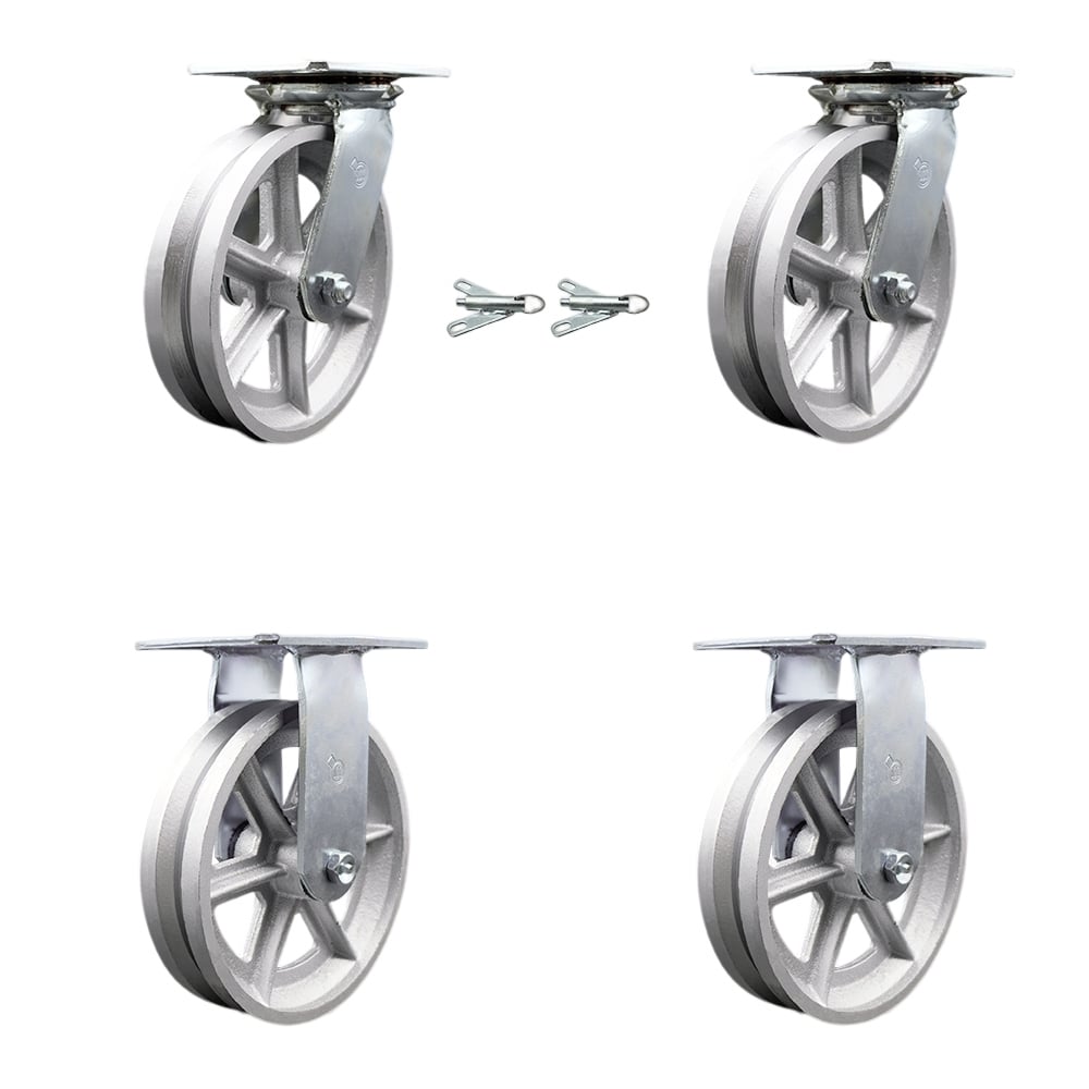 Heavy Duty Large Top Plate V Groove Semi Steel Swivel Caster with Maintenance Free Bearings with 8 x 2 in. Silver Wheels - Set of 4