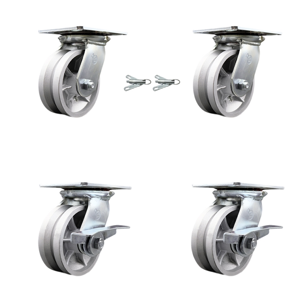 SCC-35S520-VGR-BSL-2-SLB-2 Heavy Duty Large Top Plate V Groove Semi Steel Swivel Caster with 5 x 2 in. Silver Wheels - 4400 lbs Capacity - Set of 4