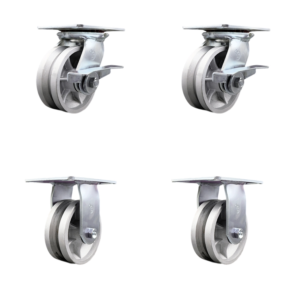 Heavy Duty Large Top Plate V Groove Semi Steel Swivel Caster with 5 x 2 in. Silver Wheels - 4400 lbs Total Capacity - Set of 4