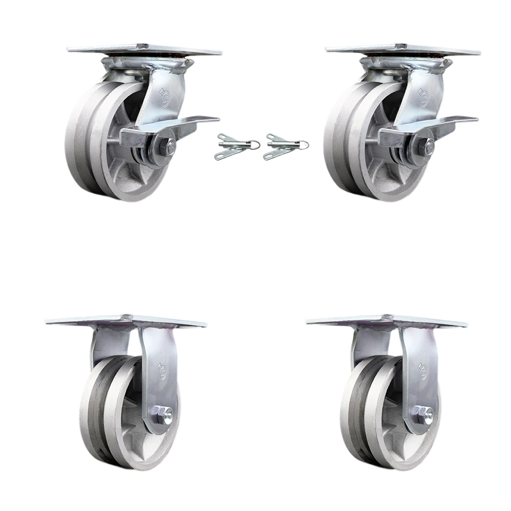 SCC-35S520-VGR-SLB-BSL-2-R-2 Heavy Duty Large Top Plate V Groove Semi Steel Swivel Caster with 5 x 2 in. Silver Wheels - 4400 lbs Capacity - Set of 4