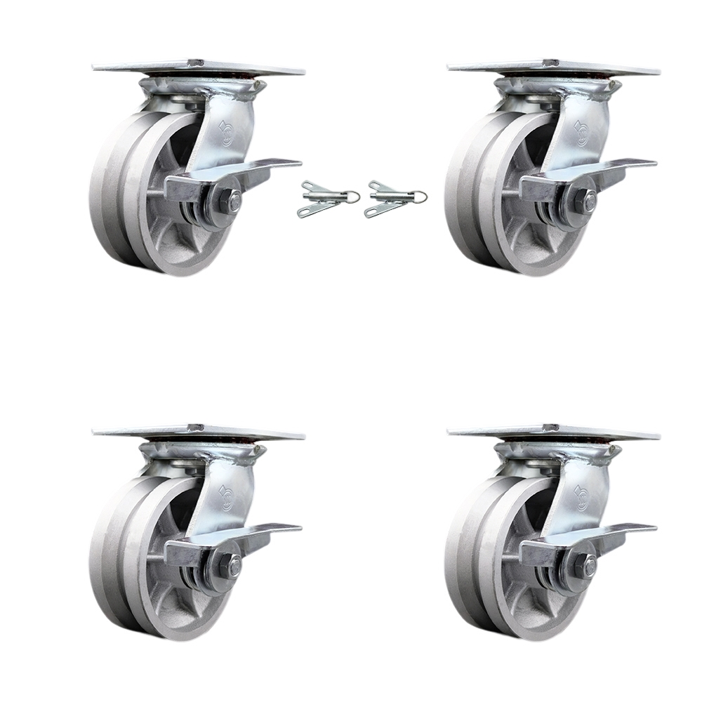 Heavy Duty Large Top Plate V Groove Semi Steel Swivel Caster with 5 x 2 in. Silver Wheels - 4400 lbs Capacity - Set of 4