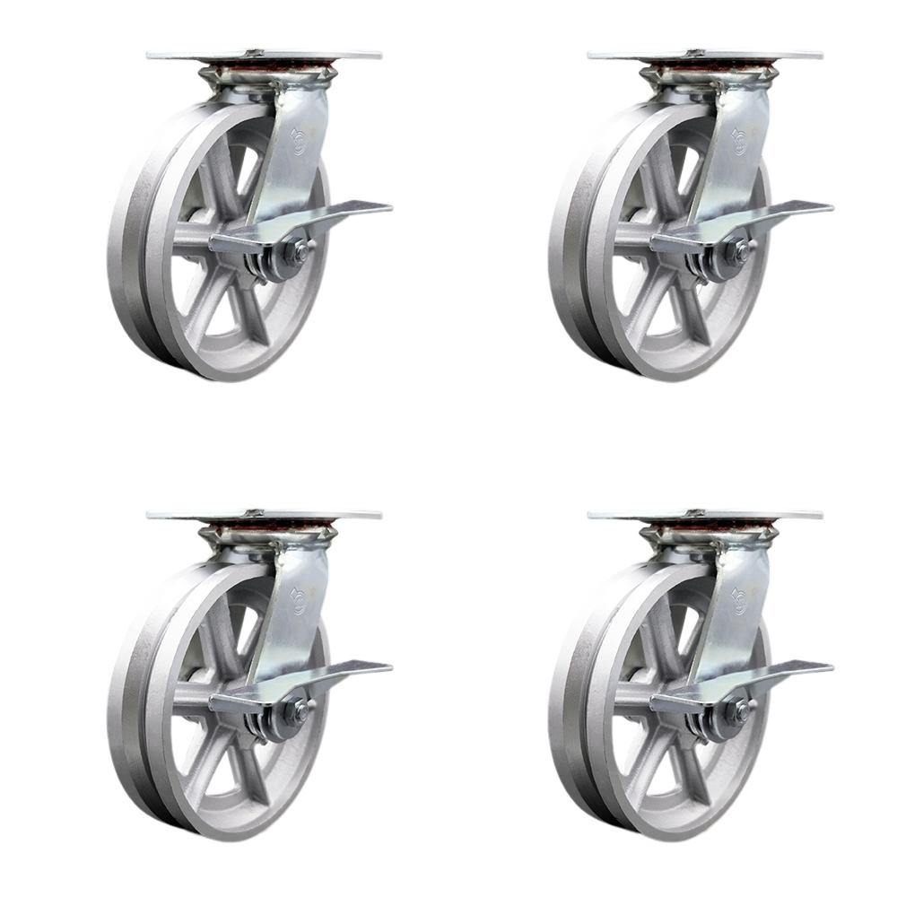 SCC-35S820-VGR-SLB-4 Heavy Duty Large Top Plate V Groove Semi Steel Swivel Caster with 8 x 2 in. Silver Wheels - 5000 lbs Total Capacity - Set of 4