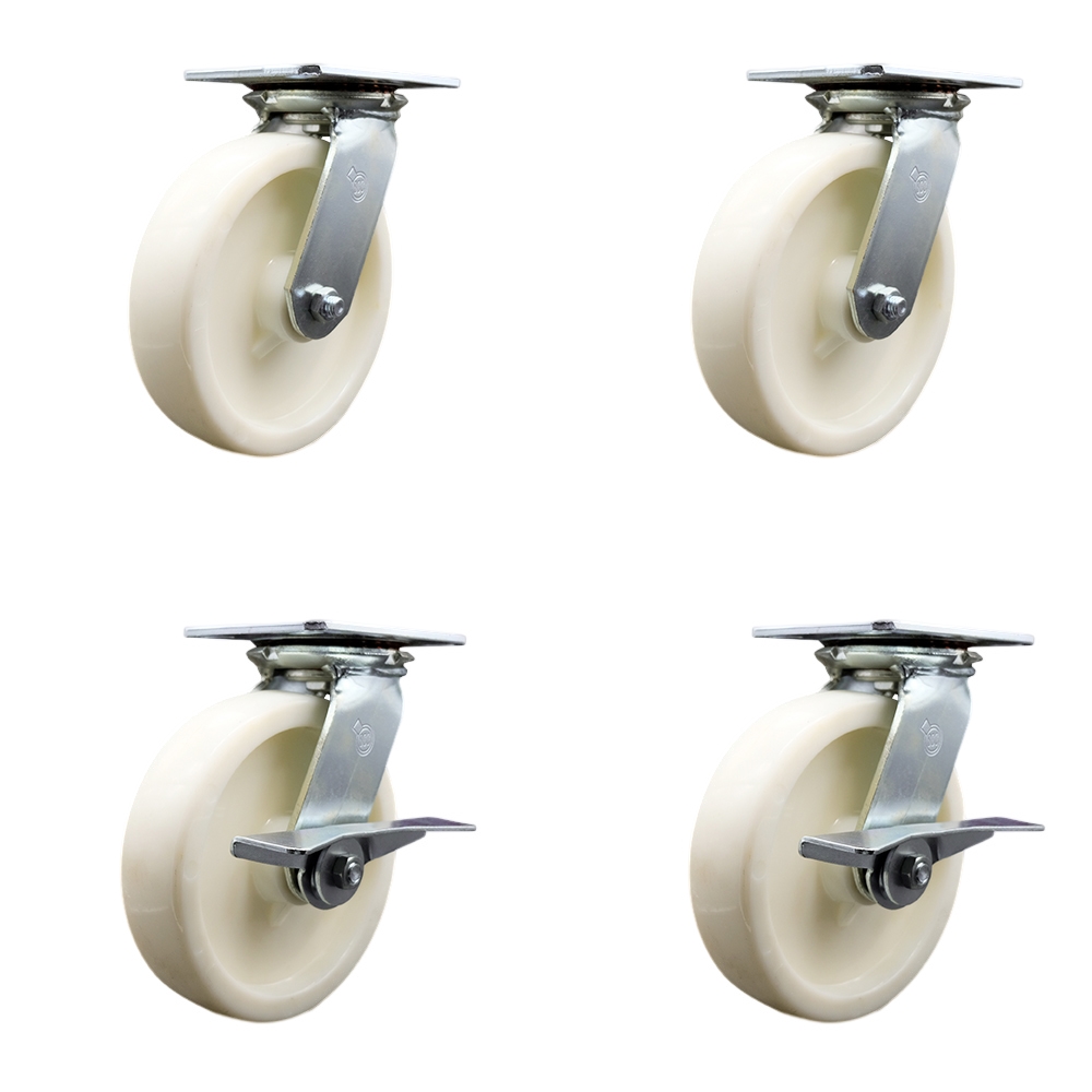Heavy Duty Large Top Plate Nylon Swivel Caster with Maintenance Free Bearings with 8 x 2 in. White Wheels - 5000 lbs Total Capacity - Set of 4