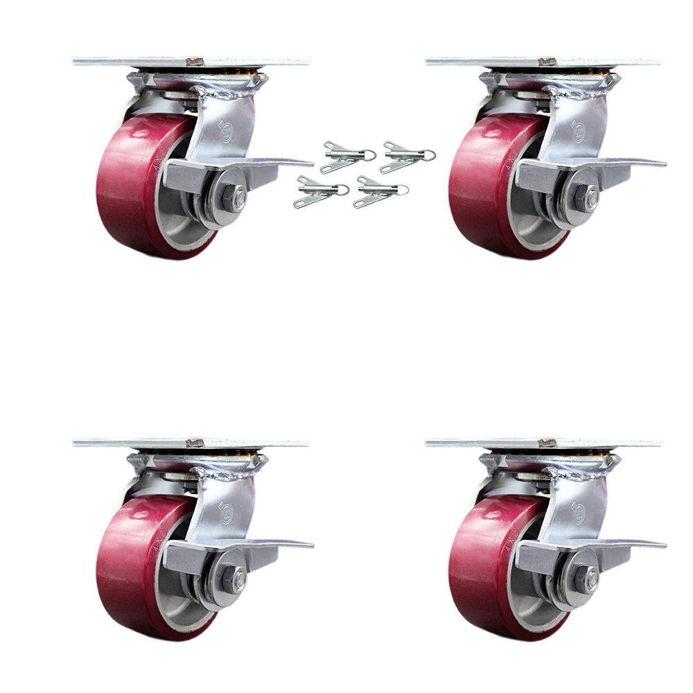 Heavy Duty Large Top Plate Polyurethane on Aluminum Swivel Caster with Maintenance Free Bearings with 4 x 2 in. Maroon Wheels - Set of 4