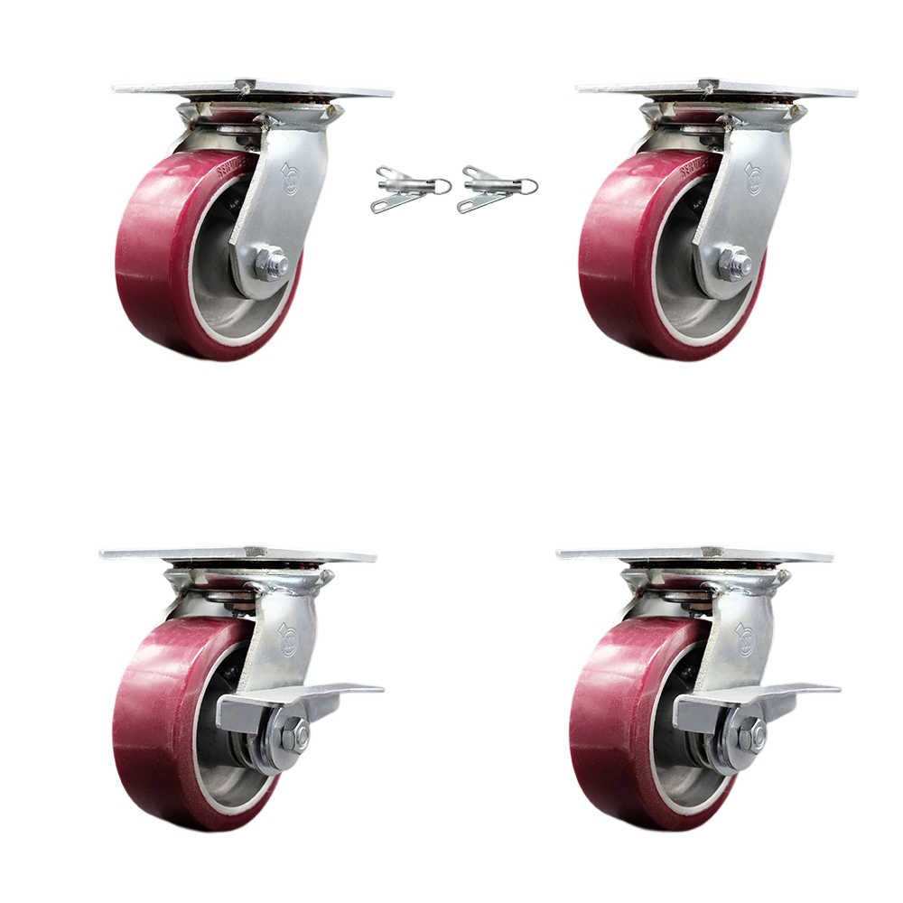 Heavy Duty Large Top Plate Polyurethane on Aluminum Swivel Caster with Maintenance Free Bearings with 5 x 2 in. Maroon Wheels - Set of 4