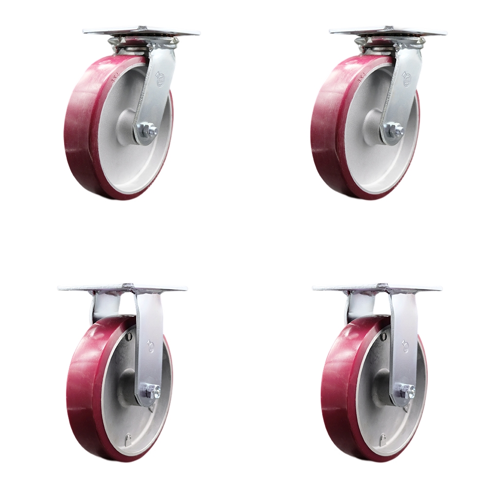 Heavy Duty Large Top Plate Polyurethane on Aluminum Swivel Caster with Maintenance Free Bearings with 8 x 2 in. Maroon Wheels - Set of 4