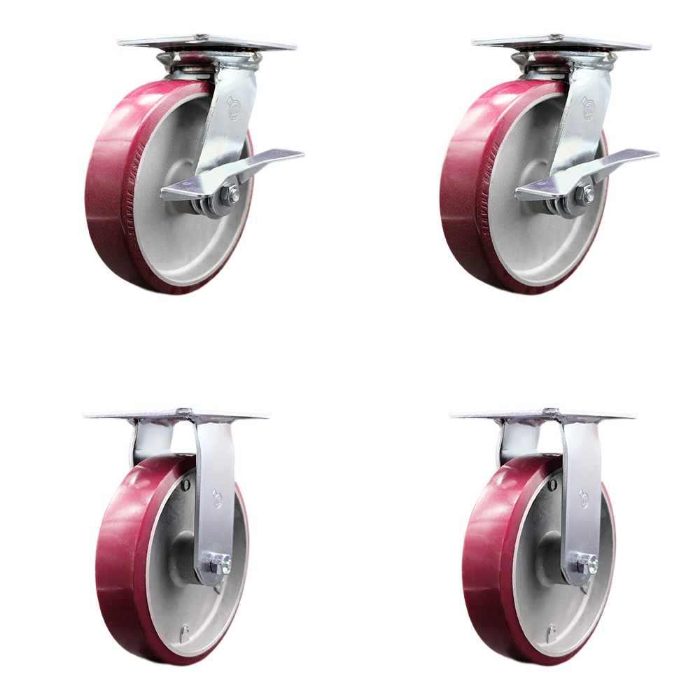 Heavy Duty Large Top Plate Polyurethane on Aluminum Swivel Caster with Maintenance Free Bearings with 8 x 2 in. Maroon Wheels - Set of 4