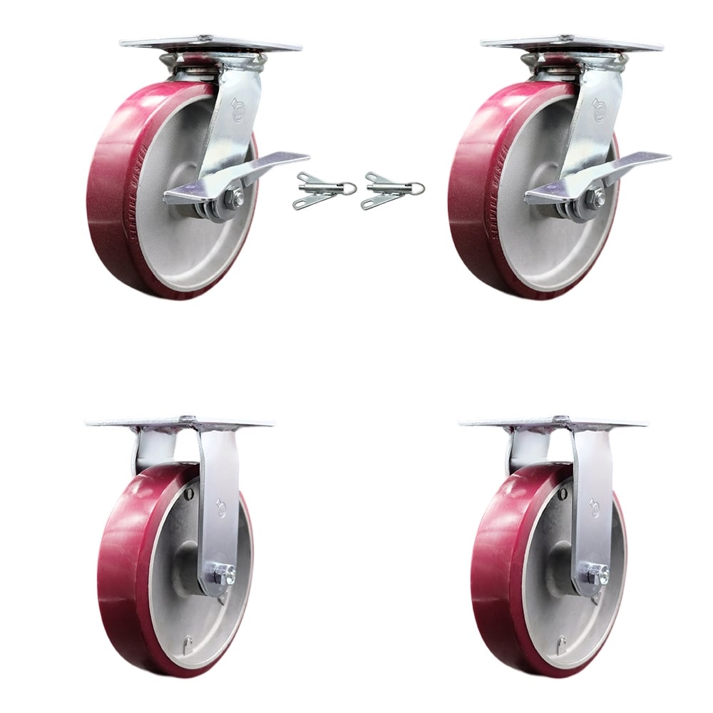 Heavy Duty Large Top Plate Polyurethane on Aluminum Swivel Caster with Maintenance Free Bearings with 8 x 2 in. Maroon Wheel - Set of 4