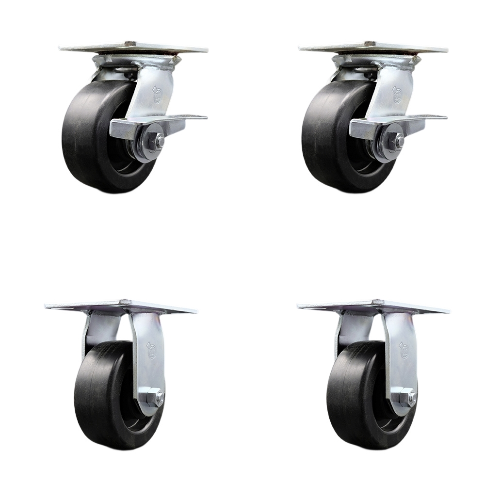 Heavy Duty Large Top Plate Polyolefin Swivel Caster with Maintenance Free Bearings with 5 x 2 in. Black Wheels - 2600 lbs Total Capacity - Set of 4