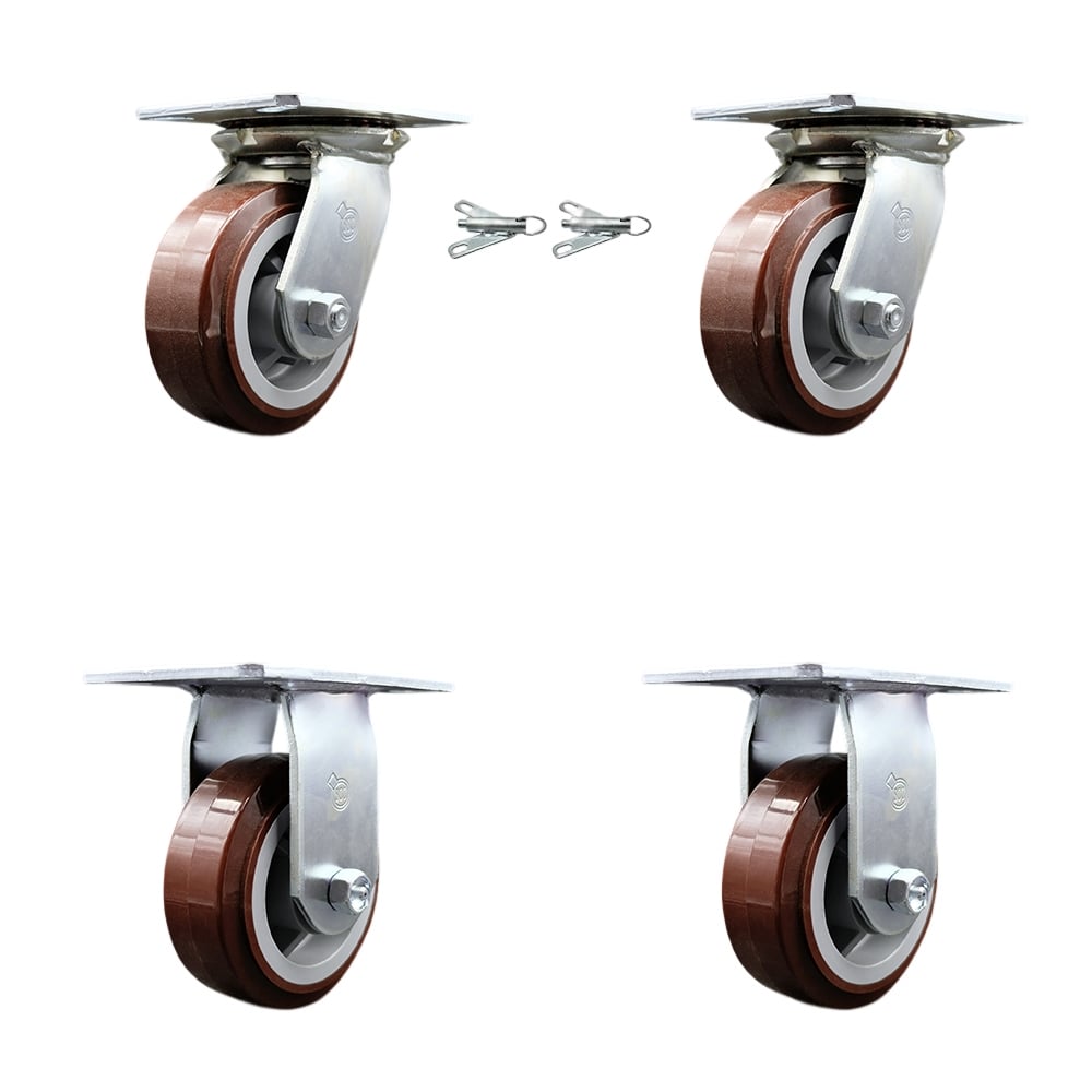 Heavy Duty Large Top Plate Polyurethane on Polyolefin Swivel Caster with Maintenance Free Bearings with 5 x 2 in. Maroon Wheels - Set of 4