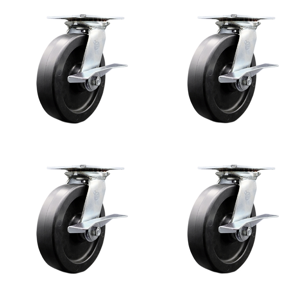 SCC-35S820-POR-SLB-4 Heavy Duty Large Top Plate Polyolefin Swivel Caster with 8 x 2 in. Black Wheels - 3600 lbs Total Capacity - Set of 4