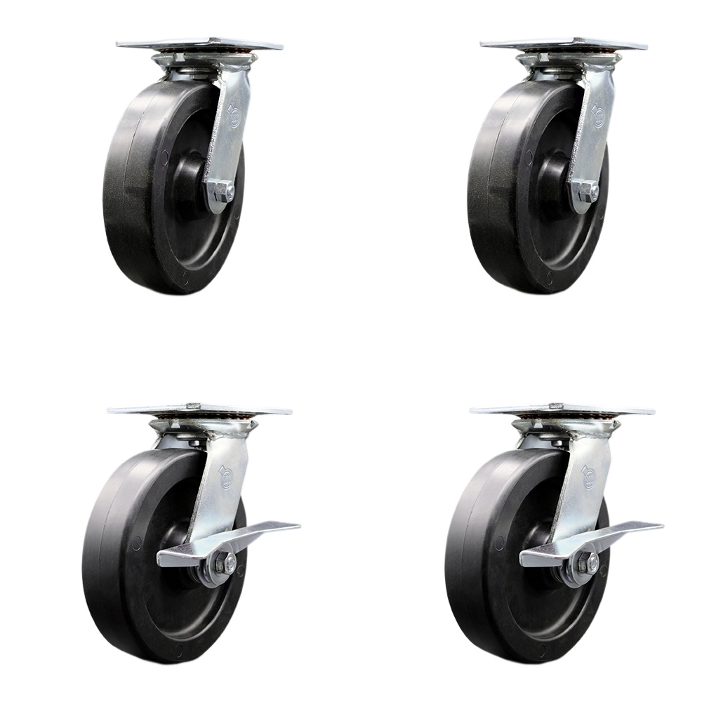 SCC-35S820-POR-2-SLB-2 Heavy Duty Large Top Plate Polyolefin Swivel Caster with 8 x 2 in. Black Wheels - 3600 lbs Total Capacity - Set of 4