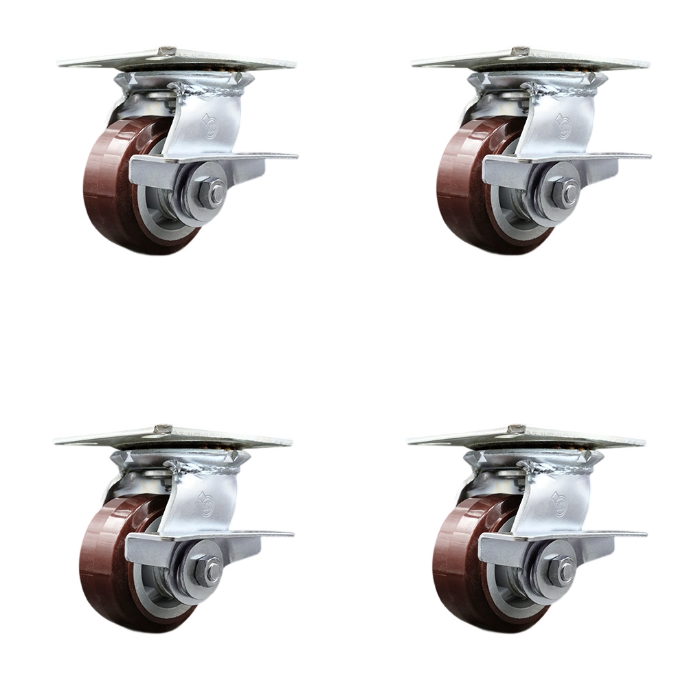 Heavy Duty Large Top Plate Polyurethane on Polyolefin Swivel Caster with 4 x 2 in. Maroon Wheels - 2400 lbs Total Capacity - Set of 4
