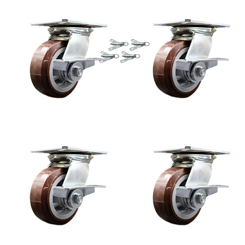 Heavy Duty Large Top Plate Polyurethane on Polyolefin Swivel Caster with 5 x 2 in. Maroon Wheels - 3000 lbs Total Capacity - Set of 4