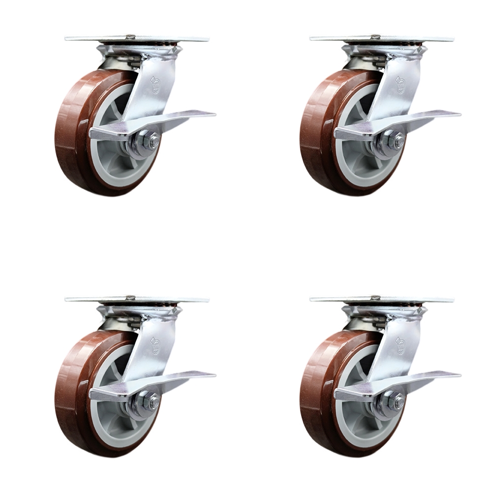 Heavy Duty Large Top Plate Polyurethane on Polyolefin Swivel Caster with 6 x 2 in. Maroon Wheels - 3600 lbs Total Capacity - Set of 4