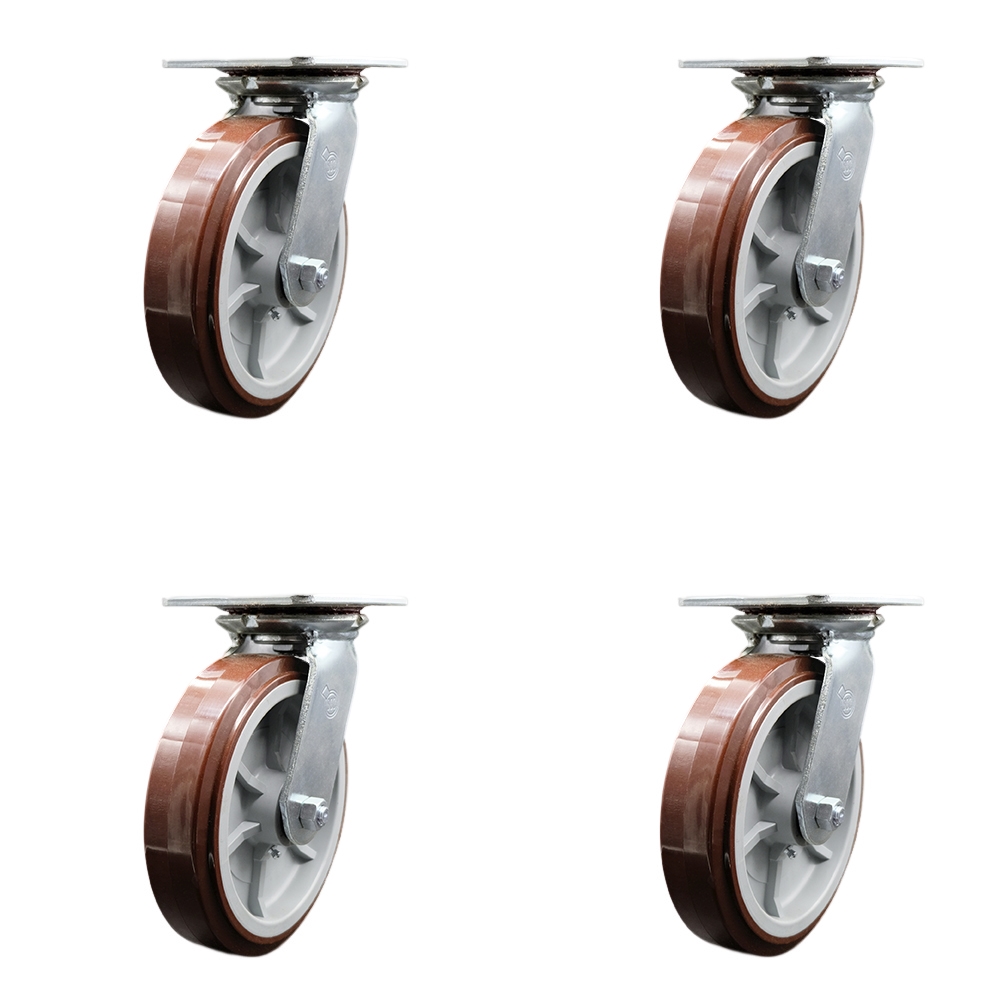 Heavy Duty Large Top Plate Polyurethane on Polyolefin Swivel Caster with 8 x 2 in. Maroon Wheels - 4000 lbs Total Capacity - Set of 4