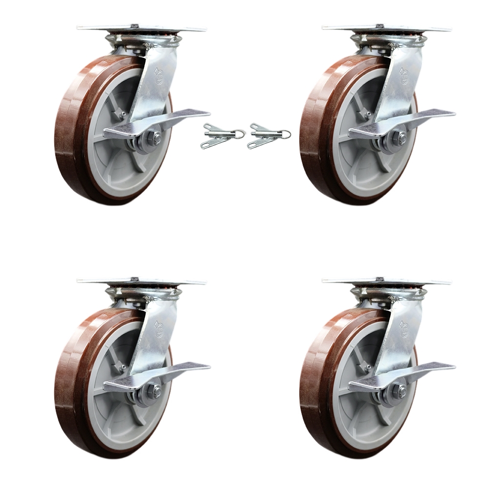 Heavy Duty Large Top Plate Poly on Polyolefin Swivel Caster with 8 x 2 in. Maroon Wheels - 4000 lbs Capacity - Set of 4