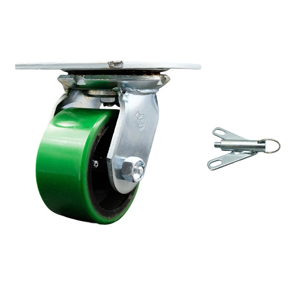 Heavy Duty Large Top Plate Polyurethane on Cast Iron Swivel Caster with 4 x 2 in. Green Wheel & Bolt on Swivel Lock - 700 lbs Capacity per Caster