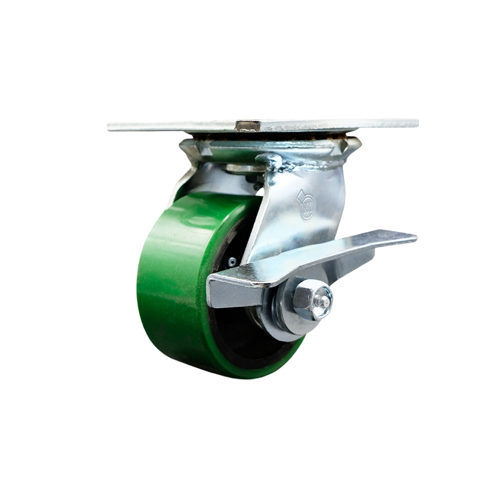 Heavy Duty Large Top Plate Polyurethane on Cast Iron Swivel Caster with 4 x 2 in. Green Wheel & Side Lock Brake - 700 lbs Capacity per Caster