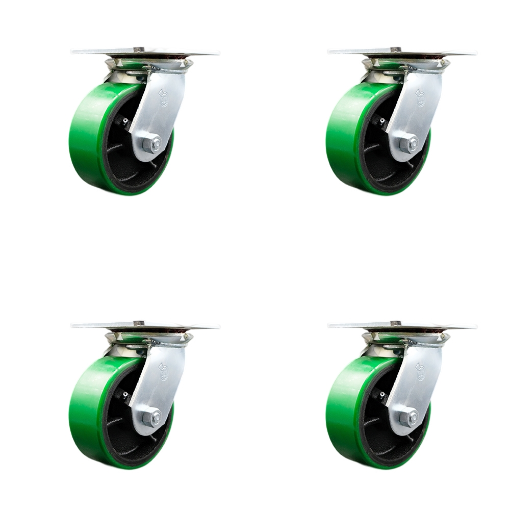Heavy Duty Large Top Plate Polyurethane on Cast Iron Swivel Caster with 5 x 2 in. Green Wheels - 3600 lbs Total Capacity - Set of 4