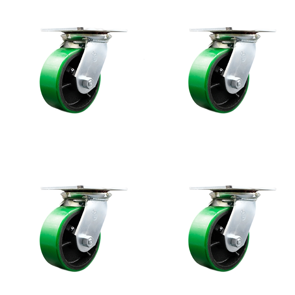Heavy Duty Large Top Plate Polyurethane on Cast Iron Swivel Caster with 5 x 2 in. Green Wheels - 3600 lbs Total Capacity - Set of 4