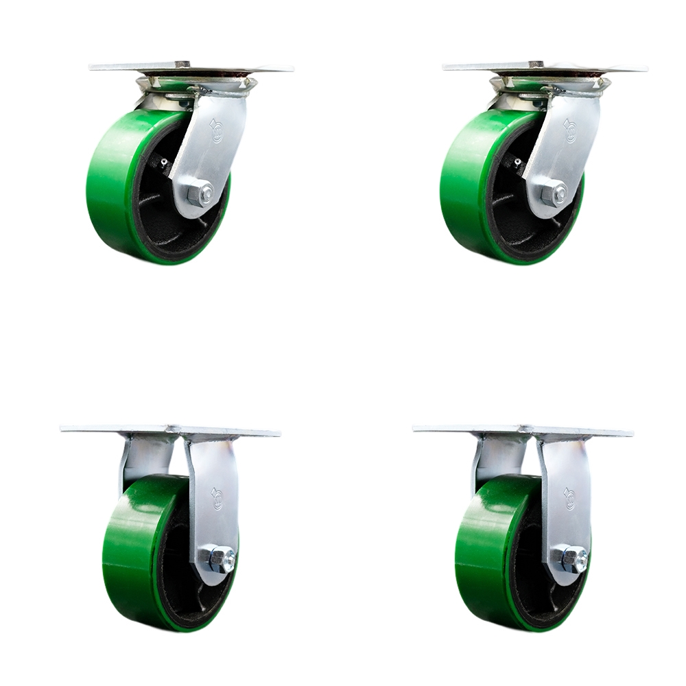 Heavy Duty Large Top Plate Polyurethane on Cast Iron Swivel Caster with 5 x 2 in. Green Wheels - 3600 lbs Total Capacity - Set of 4