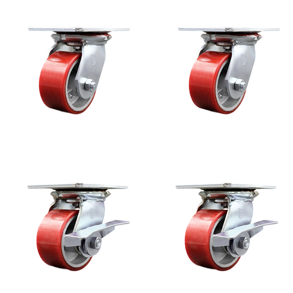 Heavy Duty Large Top Plate Polyurethane on Cast Iron Swivel Caster with 4 x 2 in. Red Wheels - 2800 lbs Total Capacity - Set of 4