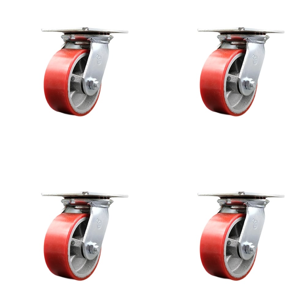 Heavy Duty Large Top Plate Polyurethane on Cast Iron Swivel Caster with 5 x 2 in. Red Wheels - 3600 lbs Total Capacity - Set of 4