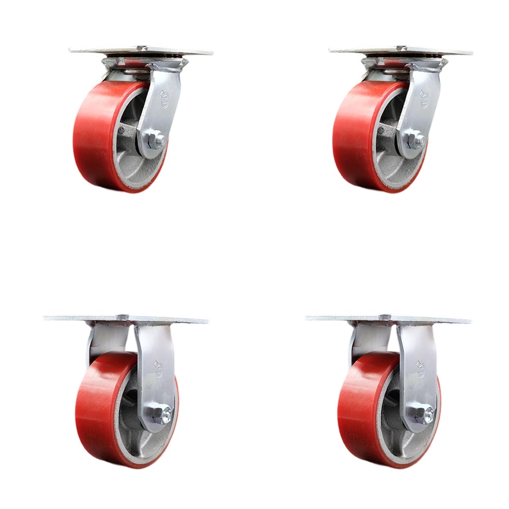 Heavy Duty Large Top Plate Polyurethane on Cast Iron Swivel Caster with 5 x 2 in. Red Wheels - 3600 lbs Total Capacity - Set of 4